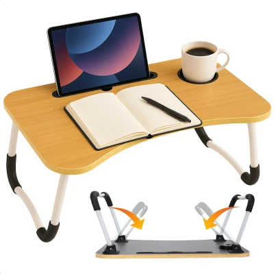 Afbeelding van Cheqo® Opklapbare Laptoptafel Ontbijt op Bed Tafel Bedtafel met Tablethouder Bank Tafeltje Banktafel Ontbijttafeltje Hout Bruin