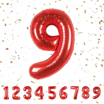 Afbeelding van Ballonnen verjaardag 9 jaar rood 101 cm ballon nummer verjaardagsdecoratie 9e vliegen met helium