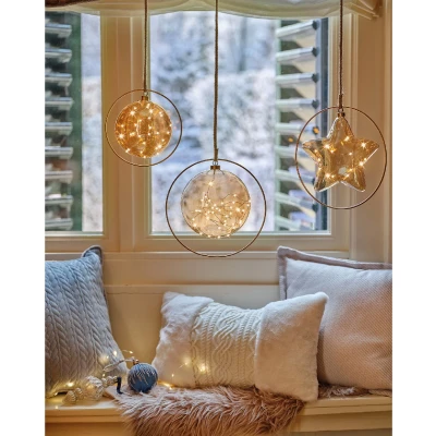 Afbeelding van Kerstster met jute touw en koperen ring 15 LED lampjes 26cm Amber glas