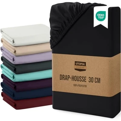 Afbeelding van Utopia Bedding Hoeslaken, met overslag van 30 cm, eenvoudig onderhoud, zachte geborstelde microvezelstof, krimpbestendig en vervaagt niet (200 x 200 zwart)