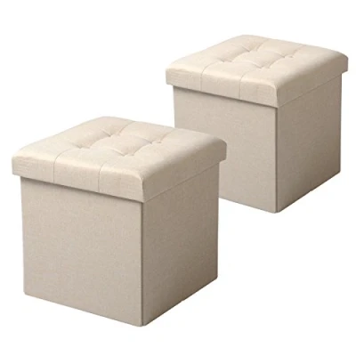 Afbeelding van WOLTU Set van 2 opbergkubussen, inklapbare voetensteun, afneembaar deksel, zitting linnen, 37,5 x 38 cm (l b h), crèmewit, SH06