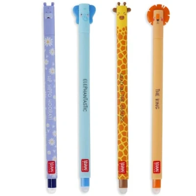 Afbeelding van LEGAMI Wildlife gelpennen, set van 4, uitwisbare inkt, hippo, olifant, giraffe en leeuw, uitwisbaar zonder gebruik vellen, punt 0,7 mm (WILD)