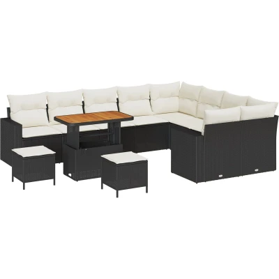 Afbeelding van vidaXL 12 Delige Tuin Sofa Set met Kussens Zwart Poly Rattan Acacia, 3 Eet Acacia