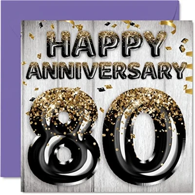 Afbeelding van Leuke verjaardagskaart van eiken voor echtgenoot, vriend, vrouw, vriendin, zwarte en gouden glitterballonnen, wenskaarten de 80e verjaardag het gezin, 145 mm x
