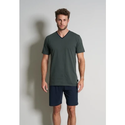 Afbeelding van TOM Tailor Shorty Vneck SET Pyjama, Heren, Maat: Small, Grün dunkel ringel