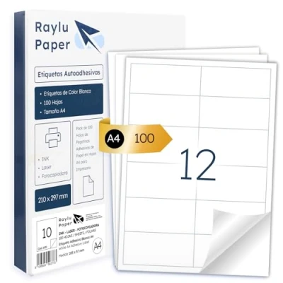 Afbeelding van Raylu Paper ® Witte zelfklevende etiketten om af te drukken, van A4 papier voor laserjetprinters en kopieerapparaten, 12 per vel (97 x 42,3 mm)