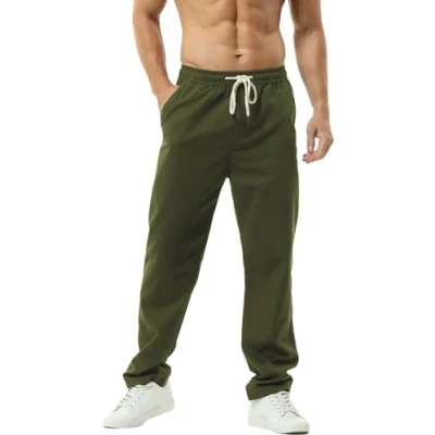 Afbeelding van HOEREV Casual strandbroek voor heren, linnen broek., Groen, 3XL