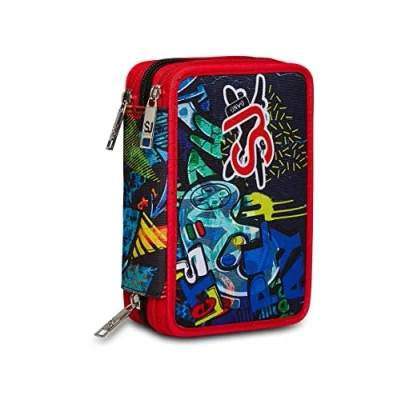 Afbeelding van SJ Gang Basisschooletui met 3 ritssluiting, blauw, SJ, penhouder drievoudig vak, compleet pennen, potloden, kleuren, rugzakaccessoires, school, banbino, Meerkleurig, Taglia,