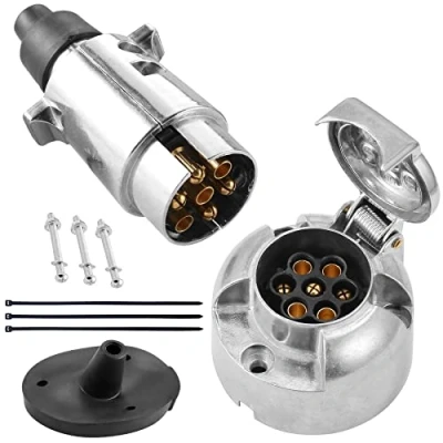 Afbeelding van SPARKMOTO 7 polige metalen aanhangerstekker, 12 V, polig, aluminium, waterdicht, vrouwelijke stekker met installatieaccessoires (rubberen dop)