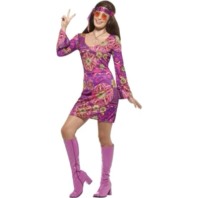 Afbeelding van Woodstock Hippie Chick Costume Multi Coloured with Dress Headscarf &amp; Medallion