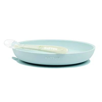 Afbeelding van Nattou Siliconen 2 delig Servies voor Kinderen Antislip Bord BPA vrij Groen / Blauw