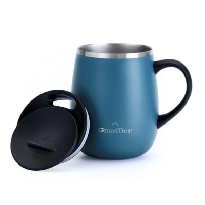 Afbeelding van GRANDTIES Thermische koffiemok met handvat en schuifdeksel spatbescherming 460 ml koffiekop mee te nemen dubbelwandige roestvrijstalen beschermer