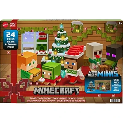 Afbeelding van Mattel Minecraft Adventskalender mini koppen, modulair, met 24 verrassingen om te ontdekken, Steve figuren en accessoires, verzamelen, kinderspeelgoed, vanaf 6 jaar, HND33