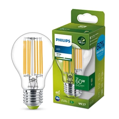 Afbeelding van Philips Ultra efficiënte led lamp, klasse A, fitting E27, 60 W, 3000 K, wit, transparant, glas