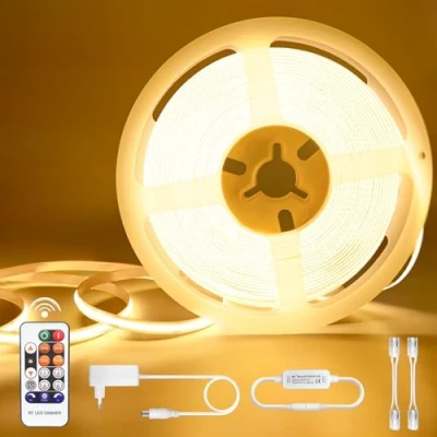 Afbeelding van COB ledstrip, 10 m, warmwit, dimbaar, 3000 K, 24 V, waterdicht, IP44, ledstrip met voeding en afstandsbediening, lichtstrips voor kasten, keuken, tv