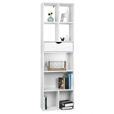 Afbeelding van EUGAD Witte boekenkast, opbergkast, zuilrek met 8 open vakken en 1 lade 6 niveaus, voor woonkamer, kantoor, keuken, van MDF, 50 x 24 168 cm, 0013SHG