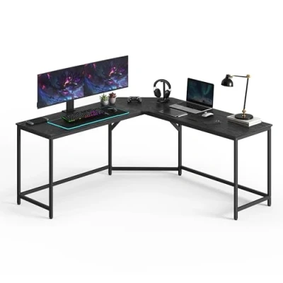 Afbeelding van VASAGLE L vormig bureau, gamingbureau, 149 x 76 cm, hoekbureau, ideaal voor studie, computerbureau, ruimtebesparend, eenvoudig te monteren, houtachtig zwart en inktzwart LWD073B56
