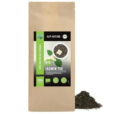 Afbeelding van biologische jasmijnthee (200 g), losse jasmijnthee, groene thee met jasmijnbloemen uit gecontroleerde teelt, gedroogde zonder toevoegingen