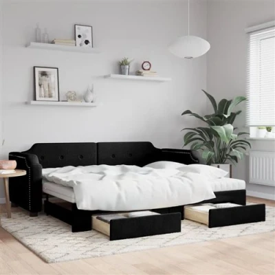 Afbeelding van vidaXL Slaapbank met onderschuifbed en lades 90x190 cm stof zwart