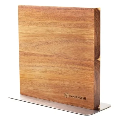 Afbeelding van Magnetisch messenblok van acaciahout dubbelzijdige messenhouder zonder messen met magneet hout, messenplank aan beide zijden (metalen bodem zwart) (zwart metalen bodem)