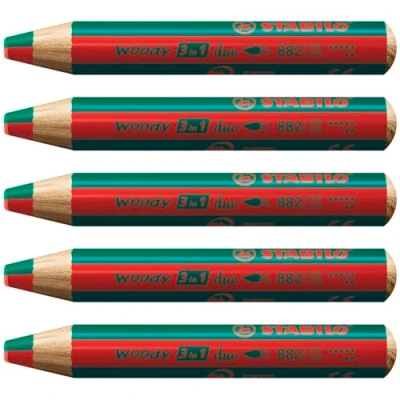 Afbeelding van STABILO kleurpotloden, aquarel en waskrijt, woody 3 in 1, duo vulling, tweekleurig, rood/donkergroen, 5 stuks