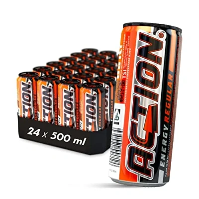 Afbeelding van Action Energy Regular Set van 24 blikjes à 500 ml met pagina, taurine, klassieke energiedrank Tutti Frutti smaak