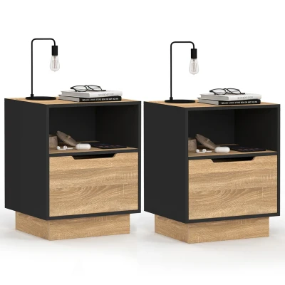Image de Lot de 2 tables chevet OXANA 1 tiroir avec niche façon hêtre et noir IDMarket