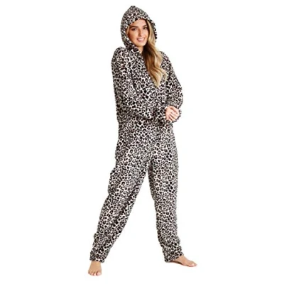 Afbeelding van Damespyjama, rompertje voor dames, all in one onesie, van fleece, S XL., Bruin