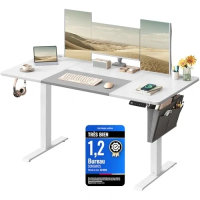 Afbeelding van SONGMICS In hoogte verstelbaar elektrisch bureau, 60 x 140 (72 120) cm, traploos verstelbaar, gelijmd blad, geheugenfunctie met 4 hoogtes, basiswit, duifgrijs, LSD016W02