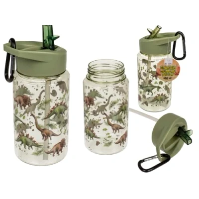 Afbeelding van Out of the blue Dinosaurus drinkfles met rietje en karabijnhaak, inhoud: ca. 450 ml, hoogte 16 cm