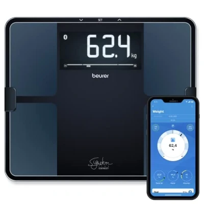 Afbeelding van Beurer BF 915 Signature LIne Personenweegschaal Lichaamsanalyse Bluetooth® HealthManager Pro app Verlicht XXL Display BMI/AMR/BMR Tot 200 kg 35 x 30 cm 8 Gebruikers + herkenning Veiligheidsglas Incl. batterijen 5 Jaar garantie