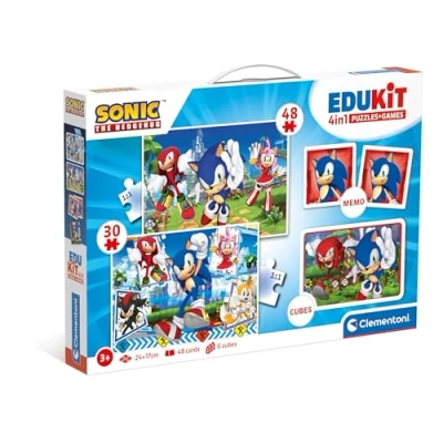 Image de Clementoni Edukit Sonic Coffret Apprentissage 4 En 1 2 Puzzles, Mémo, Jeu De 6 Cubes Fabriqué Italie Dés 4Ans