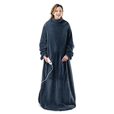 Afbeelding van Navaris XXL warmtedeken met mouwen Wasbare elektrische deken 9 standen en timer 195x125cm Donkerblauw/crème