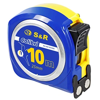 Afbeelding van S&amp;R Meetlint 10 m x 25 mm met magnetische haak, compacte rolmeter, schokbestendige behuizing, vergrendelingsapparaat, meter riemclip
