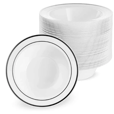 Afbeelding van MATANA 25 witte kunststof kommen met zwarte rand (360 ml) soepkommen, soepborden voor bruiloften, verjaardagen, doopfeesten, Kerstmis en feestjes robuust herbruikbaar