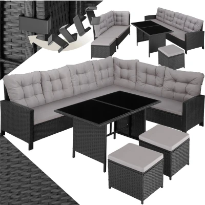 Afbeelding van tectake® wicker loungeset, tuinmeubelset met bank, kruk + tafel, balkonmeubel buiten, 5 delige zitgroep, inclusief zit en rugkussens, ideaal voor tuin, terras, balkon zwart grijze kussens