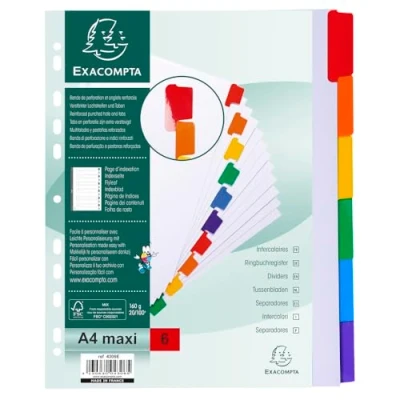 Afbeelding van Exacompta Art. 4306E Doos met 20 tabbladen van wit karton 160g/m2 FSC® 6 gekleurde neutrale versterkt en gelamineerd Indexpagina bedrukbaar DIN A4 maxi formaat