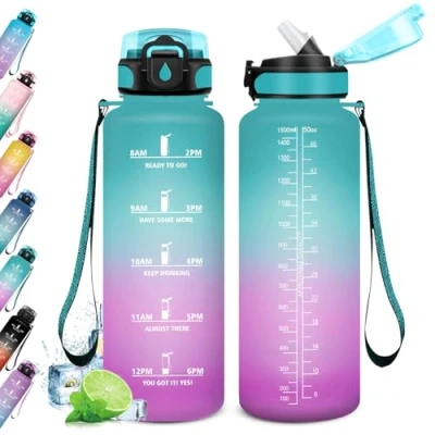 Afbeelding van 1,5 liter waterfles, waterfles met rietje, herbruikbare fles, lekvrije tijdweergave, fietsflessen, school, fitness, sport
