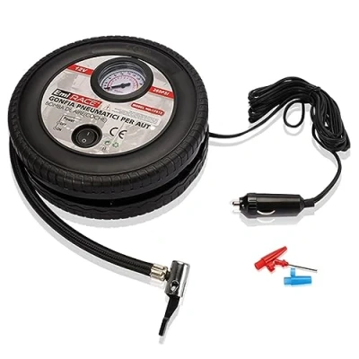 Afbeelding van A2ZWORLD draagbare mini compressor voor auto, opgeblazen autobanden, 12 V, professionele luchtpomp met analoge manometer, sigarettenaansteker stekker (rubberen vorm 18 x 7 cm)