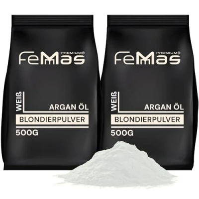 Afbeelding van FemMas Blondeerpoeder, wit, 1000 g, sterk en stofvrij, blonderingspoeder met plex technologie arganolie, eenvoudig te gebruiken gelijkmatige blondering, haarbleekmiddel voor witmakers tot 8 nuances