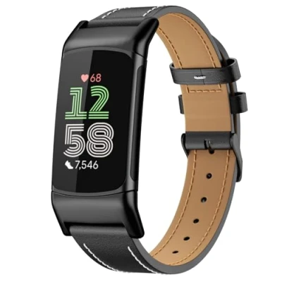 Afbeelding van MoKo Horlogebandje van echt leer, compatibel met Fitbit Charge 6/Fitbit 5, voor dames en heren, zwart