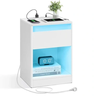 Afbeelding van VASAGLE Nachtkastje met verstelbare ledverlichting, bijzettafel stopcontacten, lade, 2 AC USB poorten, modern, voor slaapkamer, woonkamer, wolkenwit LET618T15
