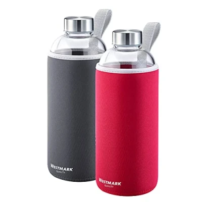 Afbeelding van Drinkflessenset, 2 glazen drinkflessen met opdruk, incl. 1 beschermhoes, 1000 ml, glas/silicone/rubber, BPA vrij, viva, rood/antraciet/zilver/helder