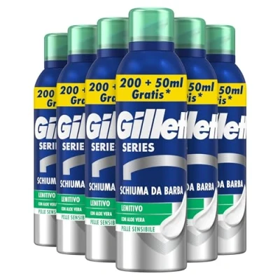 Afbeelding van Gillette Kalmerend baardschuim met aloë vera, vermindert brandwonden en irritatie, ideaal voor de gevoelige huid, frisse huid tijdens het scheren, 250 ml x 6