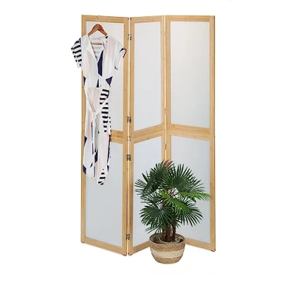 Afbeelding van Relaxdays Paravent, 3 delige opvouwbare ruimteverdeler, 180 x 136,5 cm (h b), kunststof en bamboe, scheidingswand, natuur/wit, 1 stuk