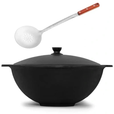 Afbeelding van Kazan Gietijzeren 12 liter met schuimlepel Naman Oezbek deksel Cast Iron Uzbek Camping Asia Wok aluminium