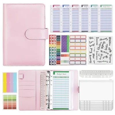 Afbeelding van A6 ringband, 30 stuks, geldbinder met enveloppen ritssluiting en etiketten, ideaal voor budgetplanner geldorganizer thuis op het werk (roze)