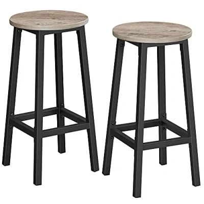 Afbeelding van Set van 2 barkrukken, hoge keukenkrukken, robuust stalen frame, 65 cm lang, eenvoudige montage, industriële stijl, Grijs en zwart