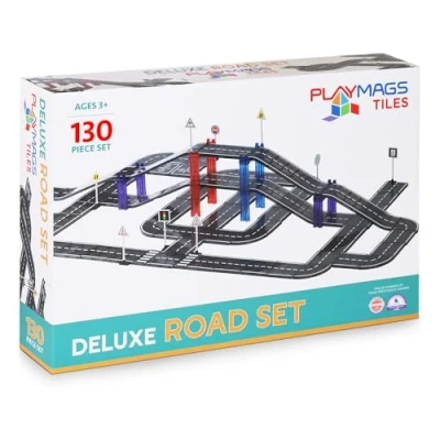 Afbeelding van Playmags Set van 130 magnetische bouwstenen voor kinderen, creatief STEM leerspeelgoed met gebogen en rechte auto racebaan kinderen vanaf 3