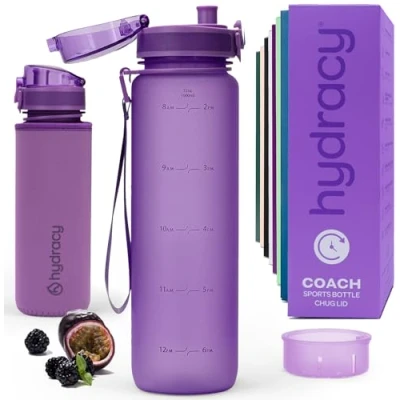 Afbeelding van Hydracy Waterfles, 1 l, BPA vrij, fles met tijdmarkering, infuser en veilige vergrendeling, hoes van neopreen, waterdicht, lekvrij, herbruikbaar, licht, ideaal voor sport, school, werk